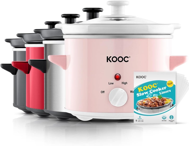 KOOC Small Slow Cooker, 2-Quart, Free Liners Included for Easy Clean-up, Upgraded Ceramic pot, Adjustable Temp, Nutrient Loss Reduction, Stainless Steel, Pink, Round - Image 1